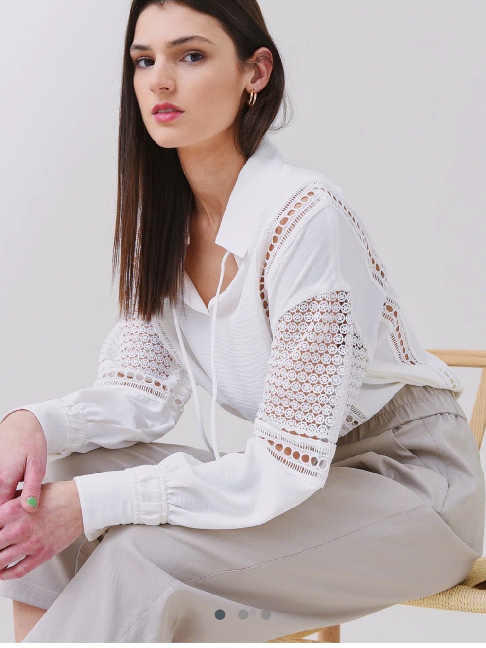 Brochu Walker  Kaia Blouse Cream Crochet-Inset V-Neck Blouse